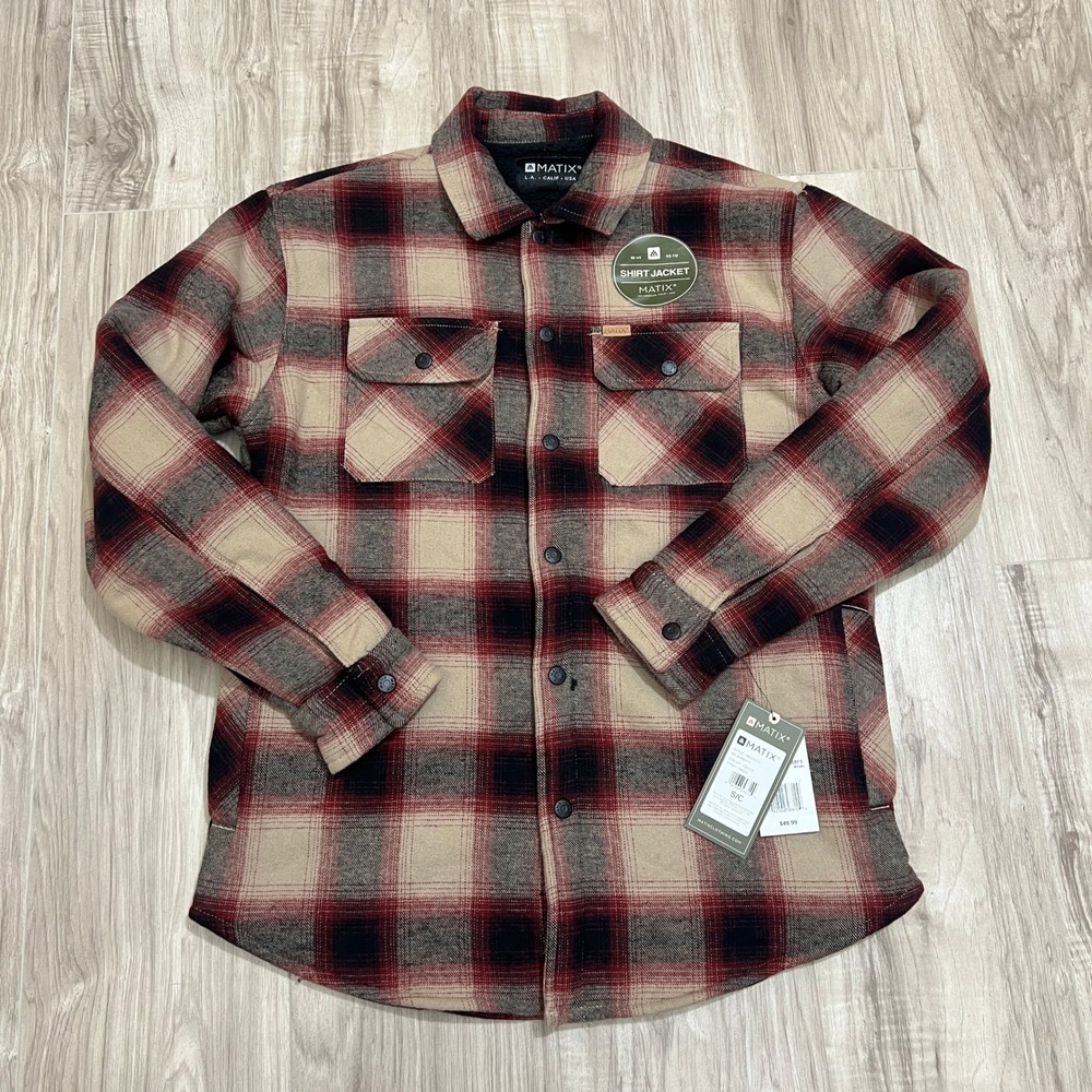Matix Sherpa Lined Buffalo Plaid Flannel Shacket Men's Small Khaki Red NWT